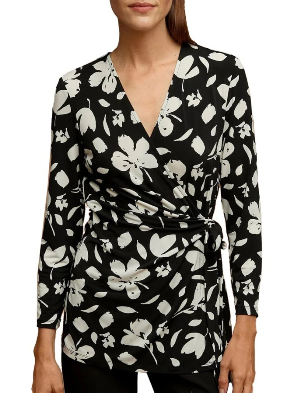 Anne Klein Chic Floral Hibiscus Faux Wrap Top Long Sleeve Stretch Black White